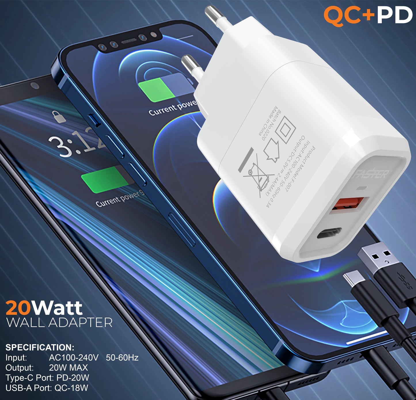 FASTER FAC-950 QC+PD Dual Port Fast Wall Charger 20W