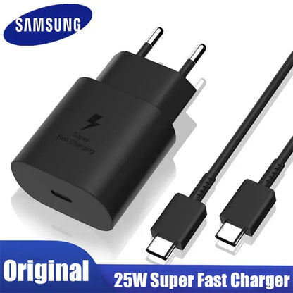 Samsung 25W PD Adapter with a USB Type-C to Type-C Cable.
