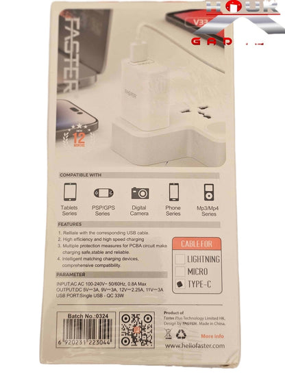 Faster Super Fast Charger Adapter with Cable Set Model V33 3Watt