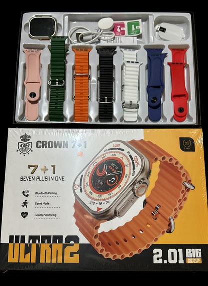 Crown H70 Ultra-2 Smart Watch - 7+1 Straps, Cover & Protector, Wireless Charging, Bluetooth Calling