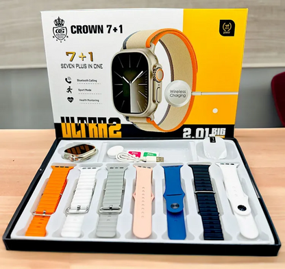 Crown H70 Ultra-2 Smart Watch - 7+1 Straps, Cover & Protector, Wireless Charging, Bluetooth Calling