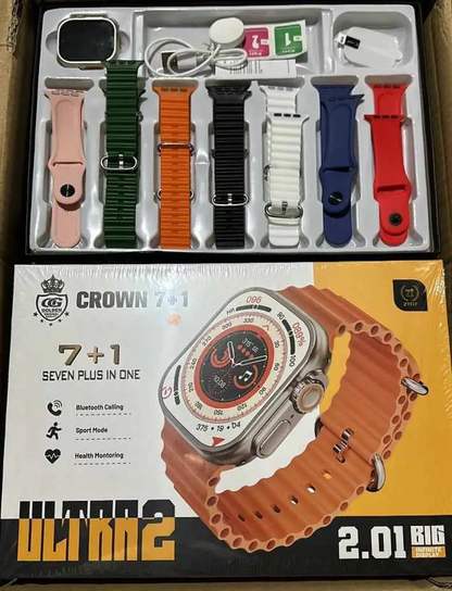 Crown H70 Ultra-2 Smart Watch - 7+1 Straps, Cover & Protector, Wireless Charging, Bluetooth Calling