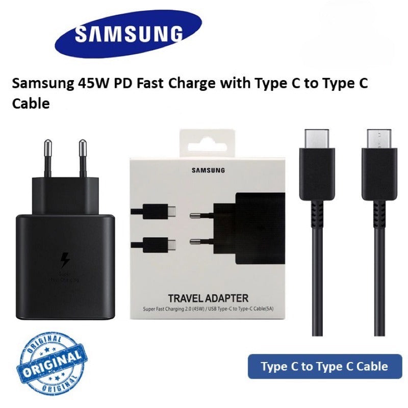 Samsung 25W PD Adapter with a USB Type-C to Type-C Cable.