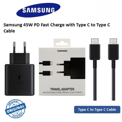 Samsung 25W PD Adapter with a USB Type-C to Type-C Cable.
