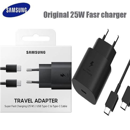 Samsung 25W PD Adapter with a USB Type-C to Type-C Cable.
