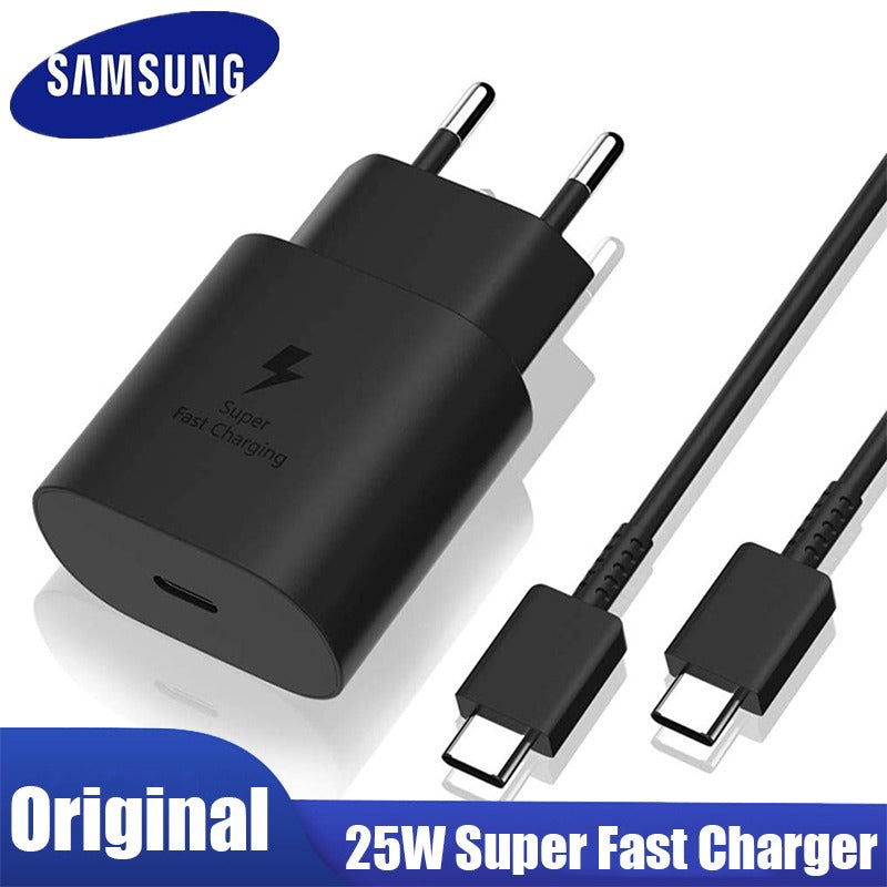 Samsung 25W PD Adapter with a USB Type-C to Type-C Cable.