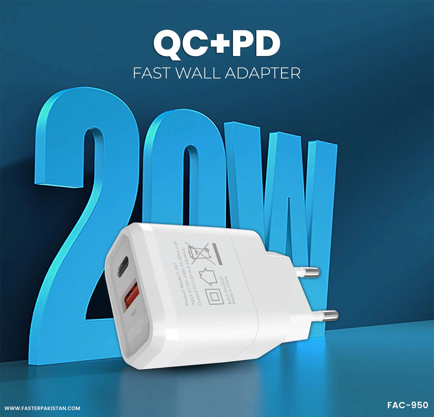 FASTER FAC-950 QC+PD Dual Port Fast Wall Charger 20W